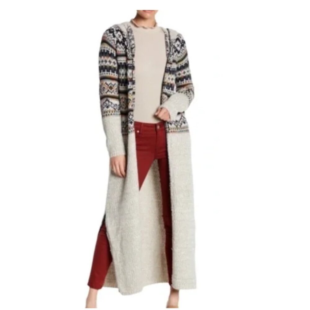 Raga / Anthropologie Hooded Duster Maxi Printed Cardigan Sweater Sz XS